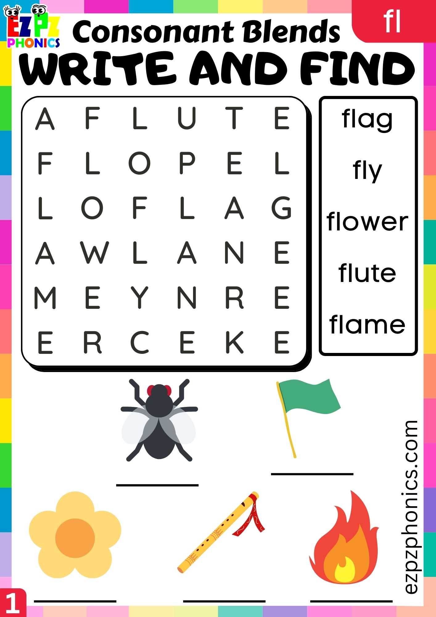 Group1 FL Words Write And Find Phonics Consonant Blends Worksheet